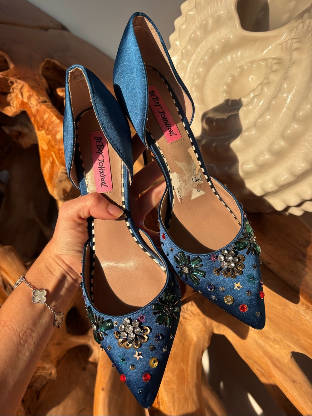 Betsey Johnson Blue Satin D’Orsay Rhinestone Embellished Heels Size 8M Holiday - Picture 6 of 12